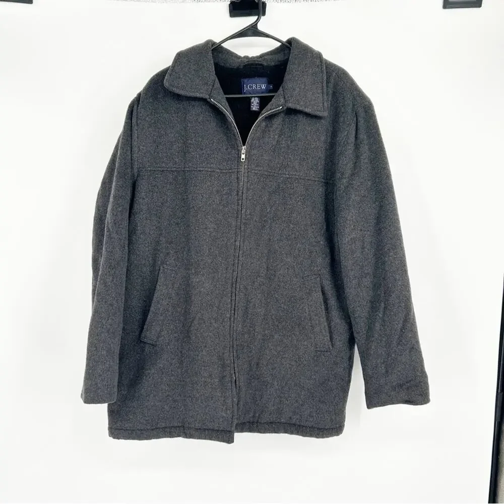 J. Crew Men's Medium Wool Blend Grey Full Zip‎ Front Quilted Lined Coat Pockets